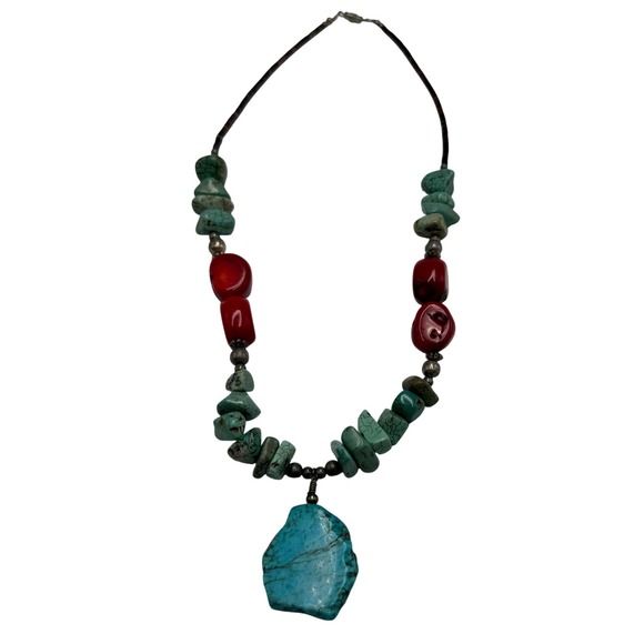 Jewelry - Southwestern Boho Turquoise Stone Pendant Necklace Artisan Leather Cord